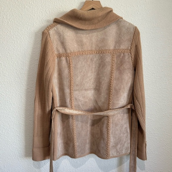VTG 70's Womens Large Patchwork Crochet Jacket Camel Suede Leather Mobwife Tan - Picture 10 of 11